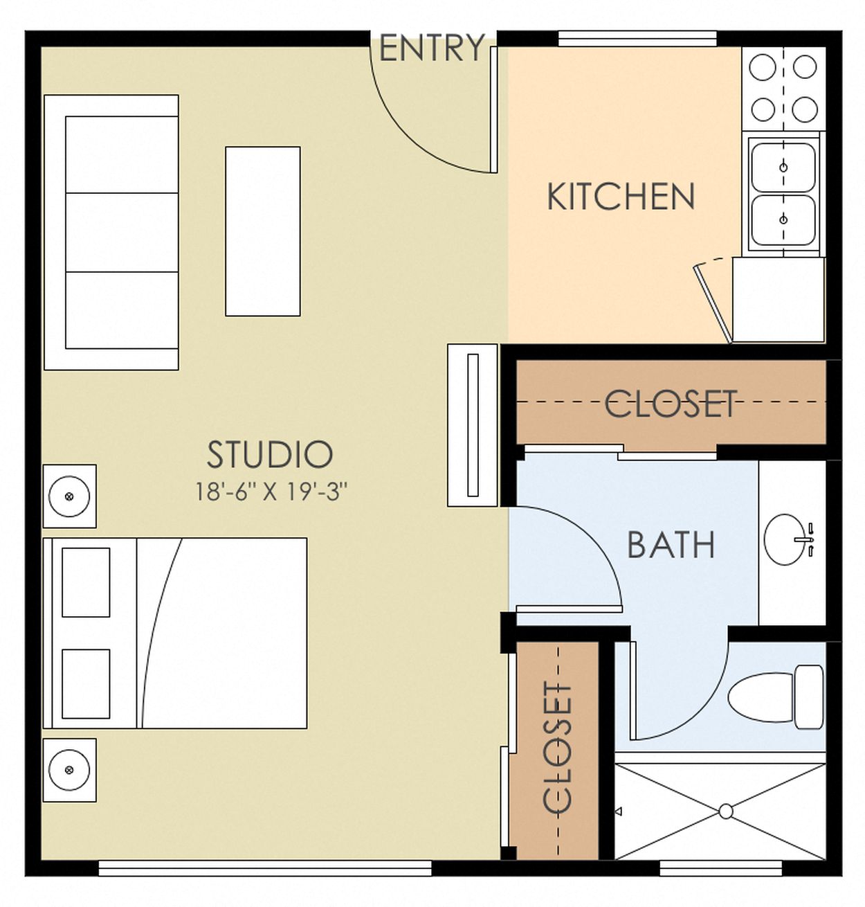 Floor plan for studio, 1 bath, 410 sqft